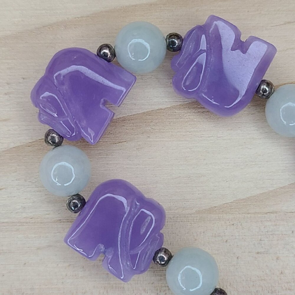 Vtg Lavender & Green Jade Elephant Beaded Bracelet With Silver Clasp Sz 6.25 - Picture 6 of 9